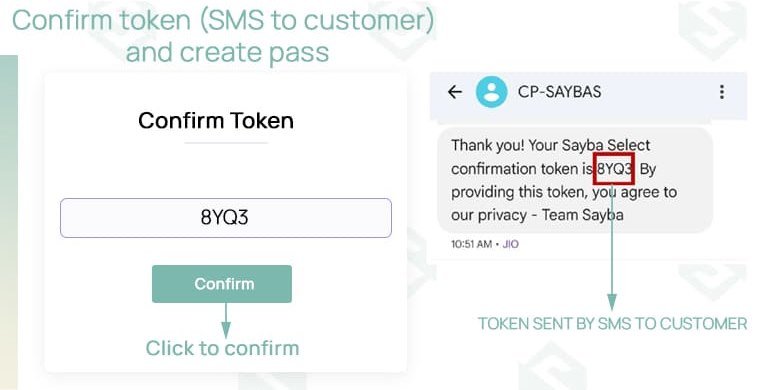 Confirm token screen with the customer SMS