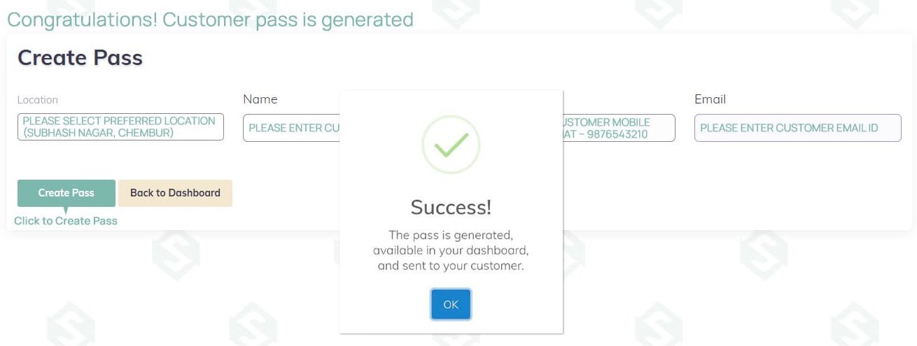 Customer pass generated success message